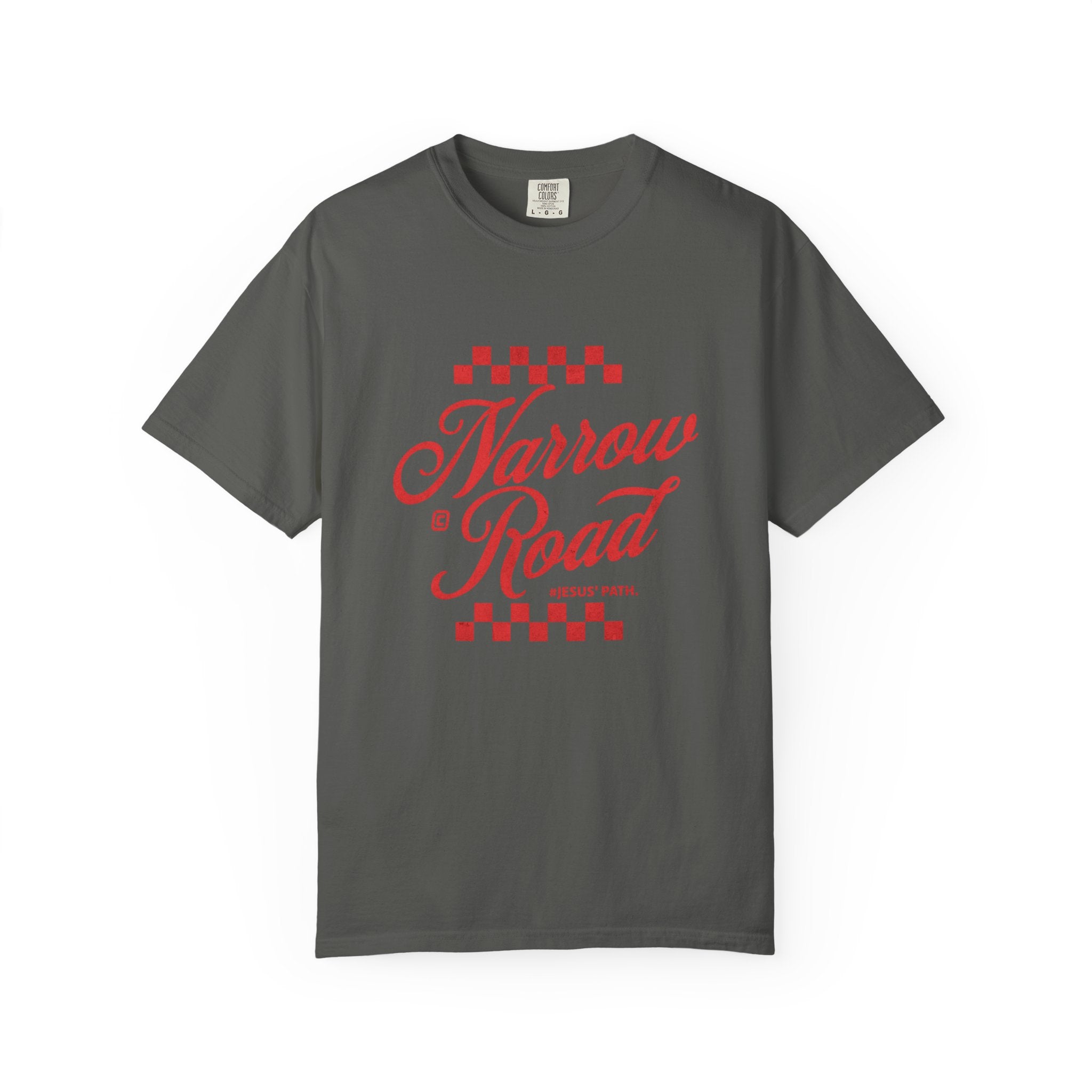Narrow Road T-Shirt — Red Script Christian Faith Graphic Tee