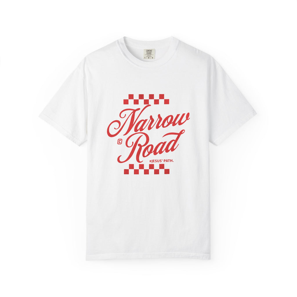 Narrow Road T-Shirt — Red Script Christian Faith Graphic Tee