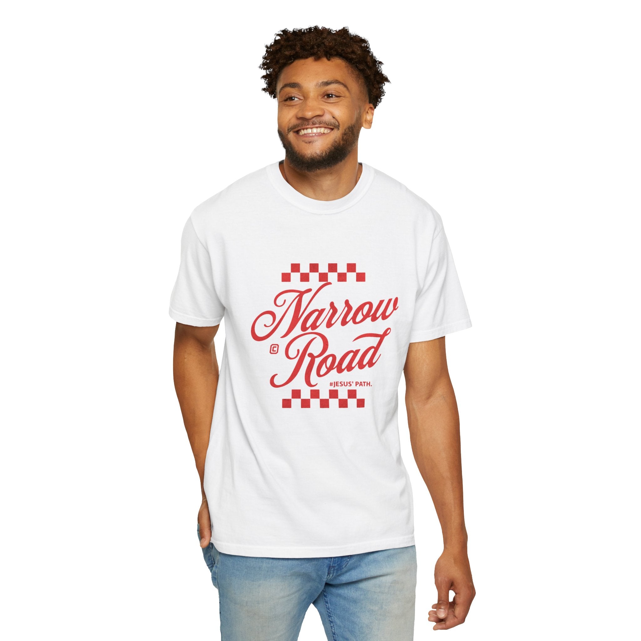 Narrow Road T-Shirt — Red Script Christian Faith Graphic Tee