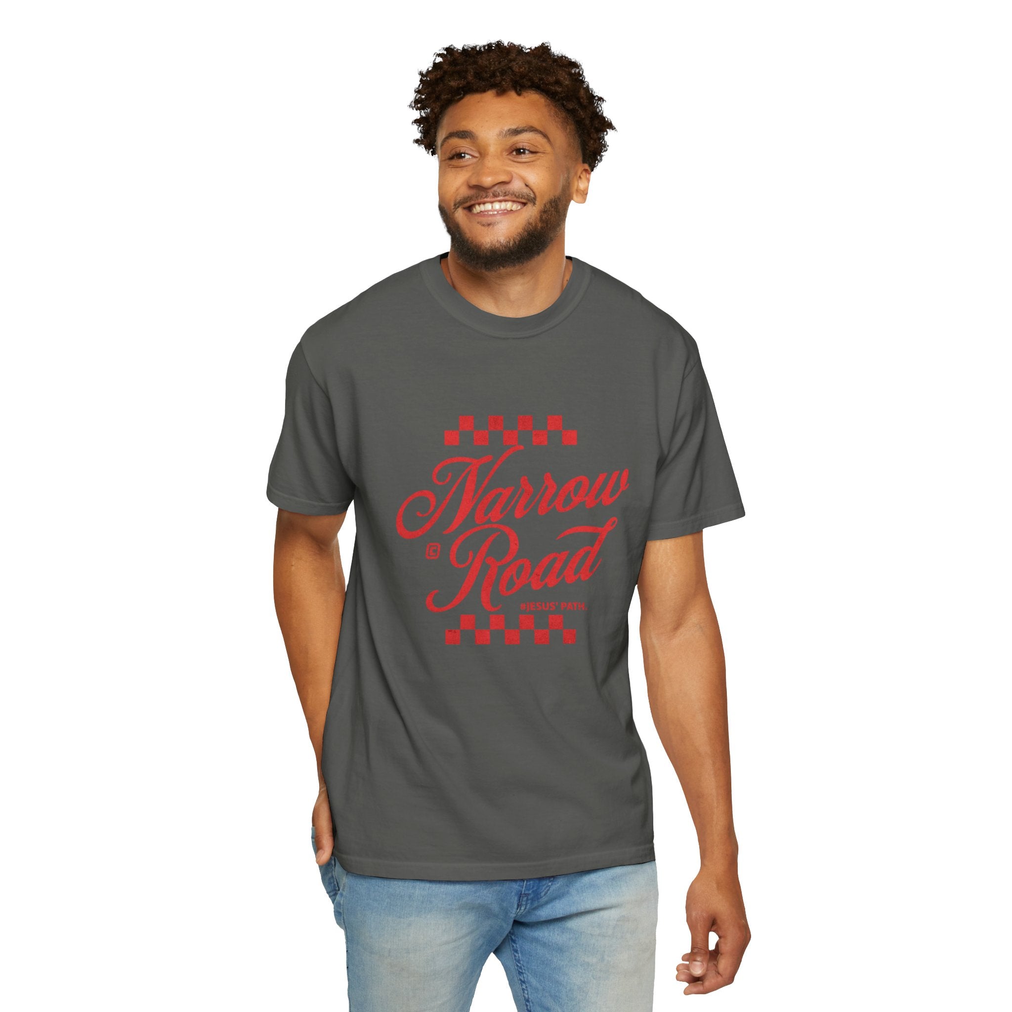 Narrow Road T-Shirt — Red Script Christian Faith Graphic Tee