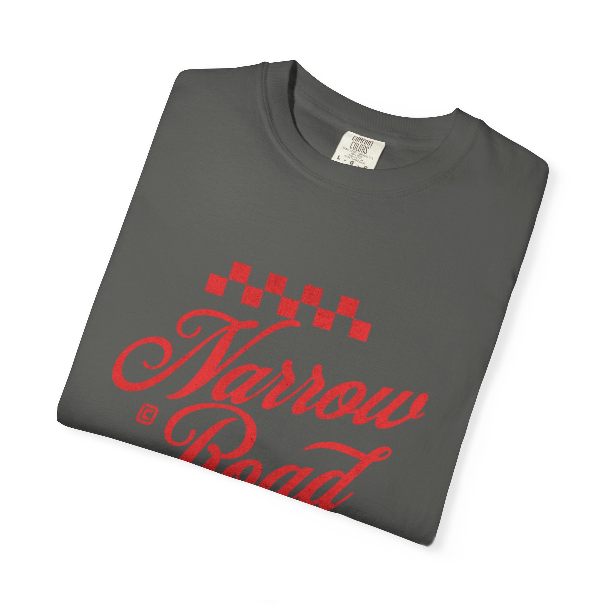 Narrow Road T-Shirt — Red Script Christian Faith Graphic Tee