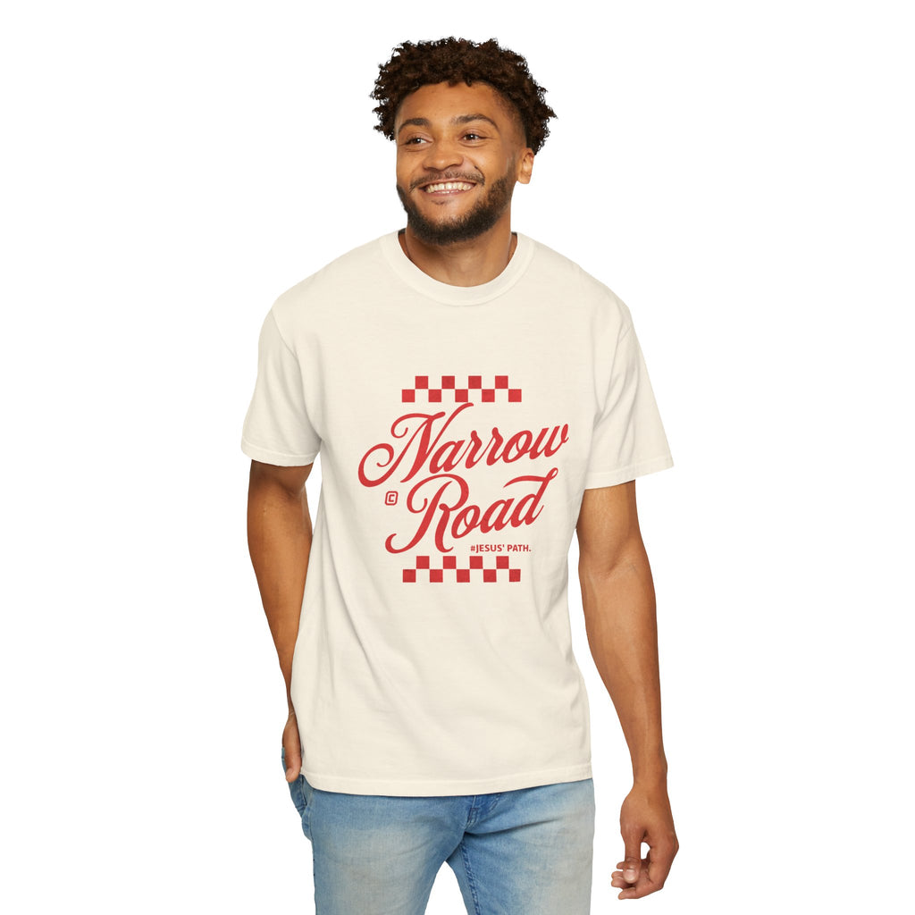 Narrow Road T-Shirt — Red Script Christian Faith Graphic Tee