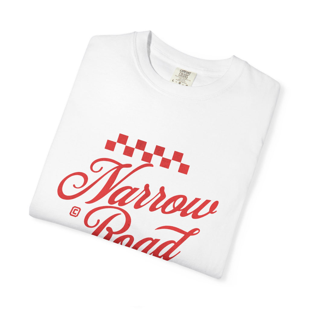 Narrow Road T-Shirt — Red Script Christian Faith Graphic Tee