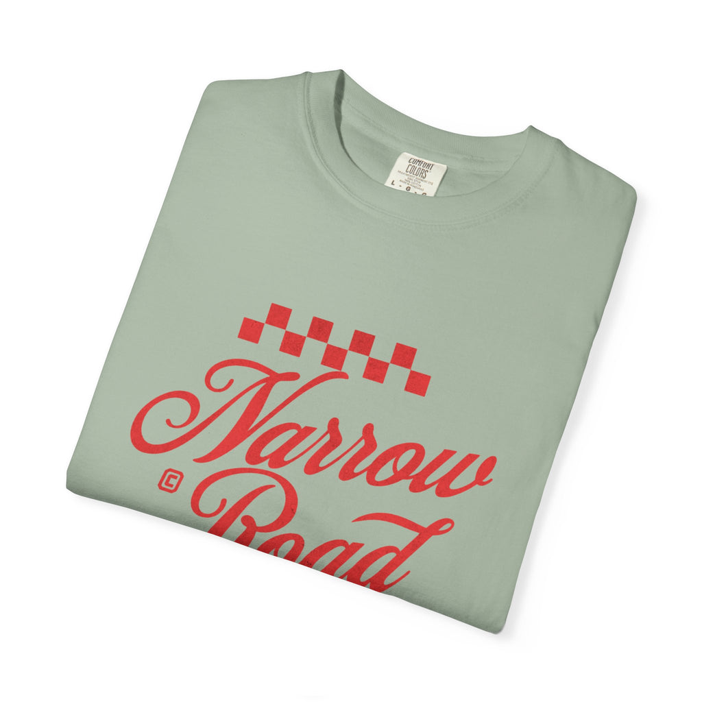 Narrow Road T-Shirt — Red Script Christian Faith Graphic Tee