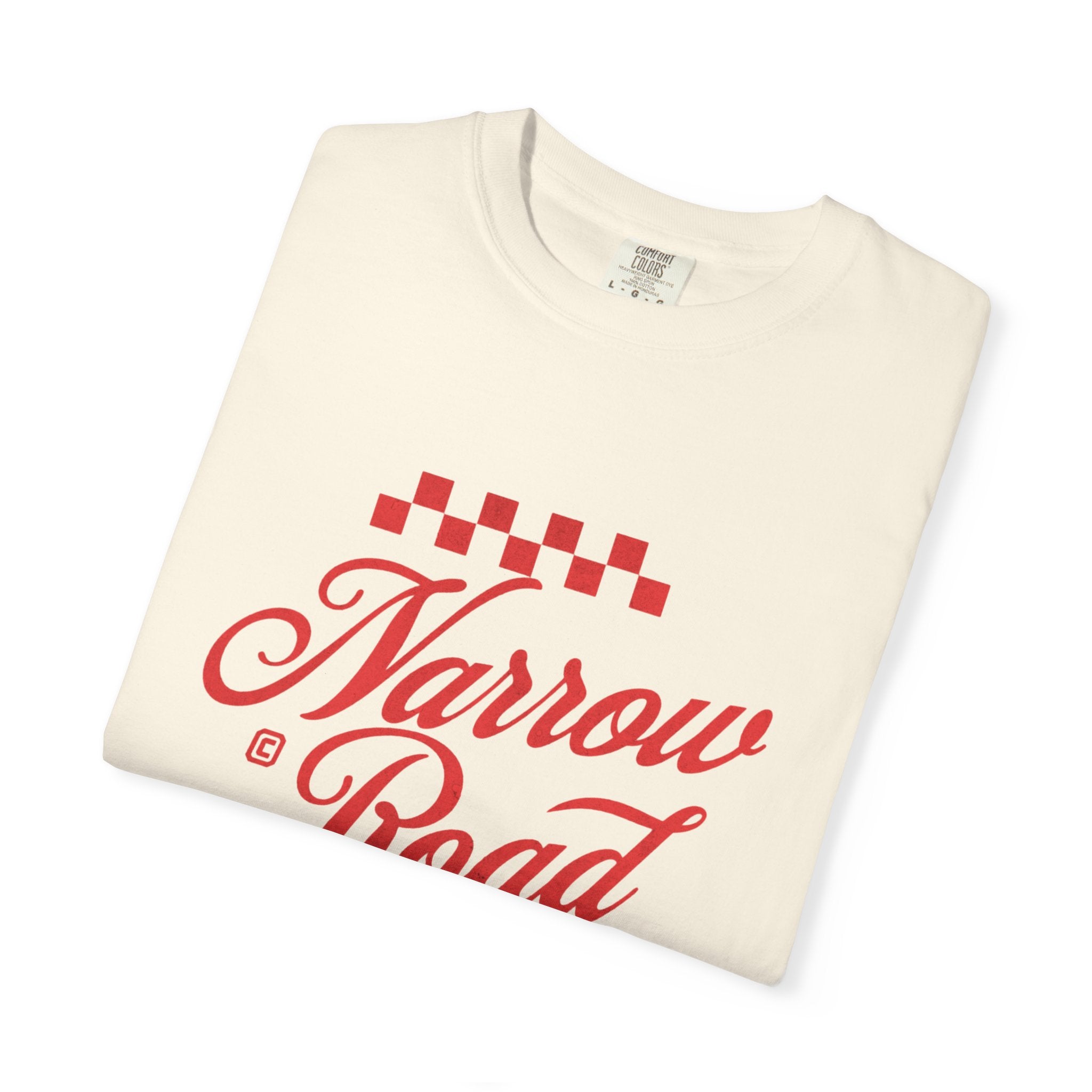 Narrow Road T-Shirt — Red Script Christian Faith Graphic Tee
