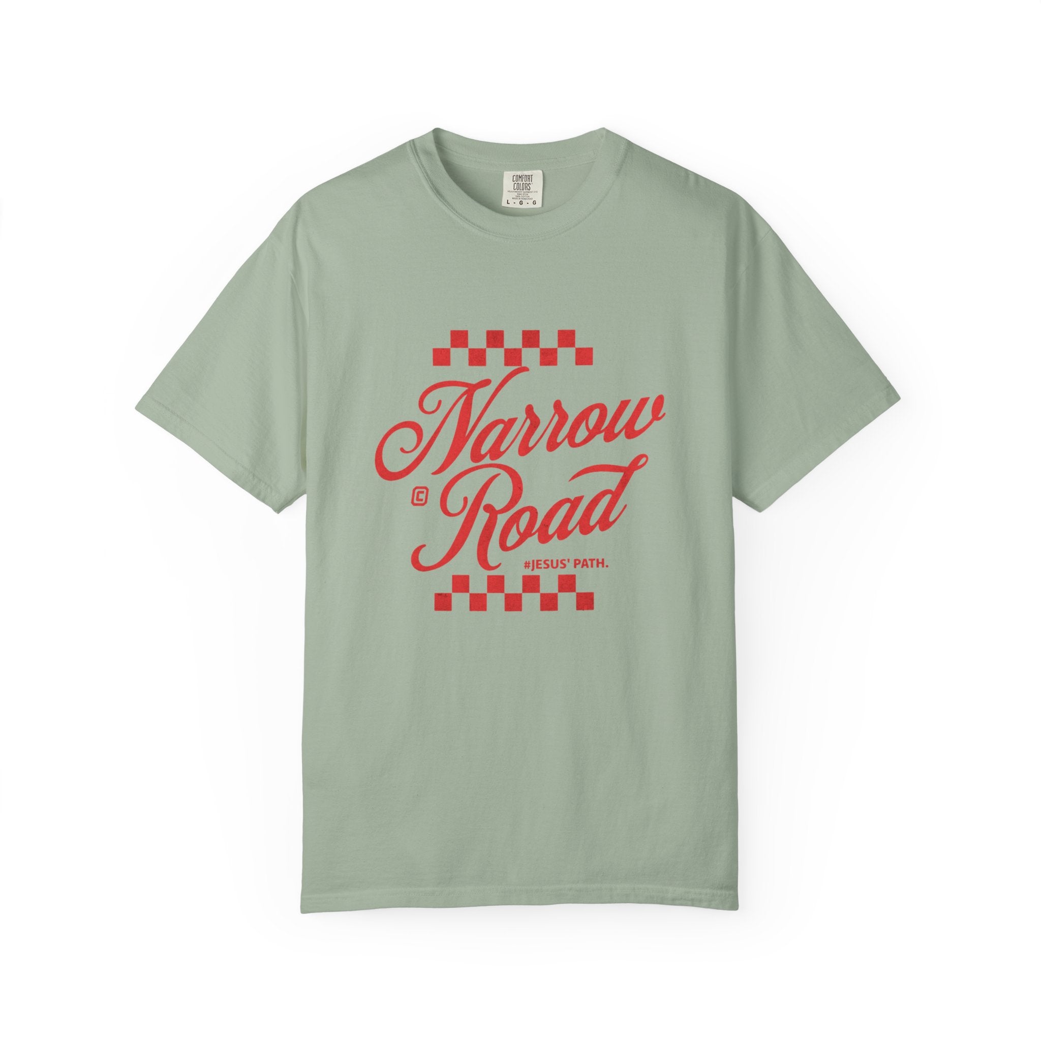 Narrow Road T-Shirt — Red Script Christian Faith Graphic Tee