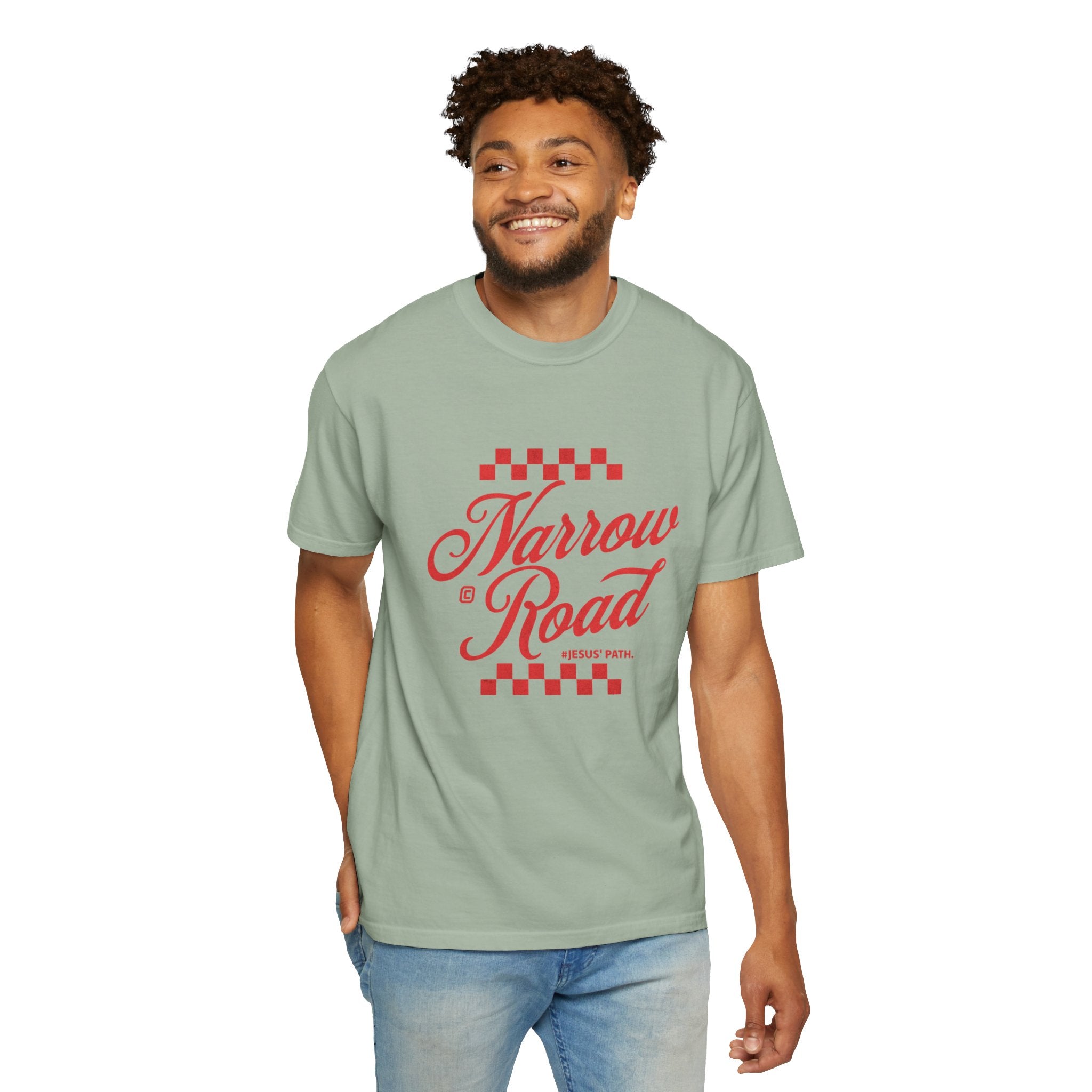 Narrow Road T-Shirt — Red Script Christian Faith Graphic Tee
